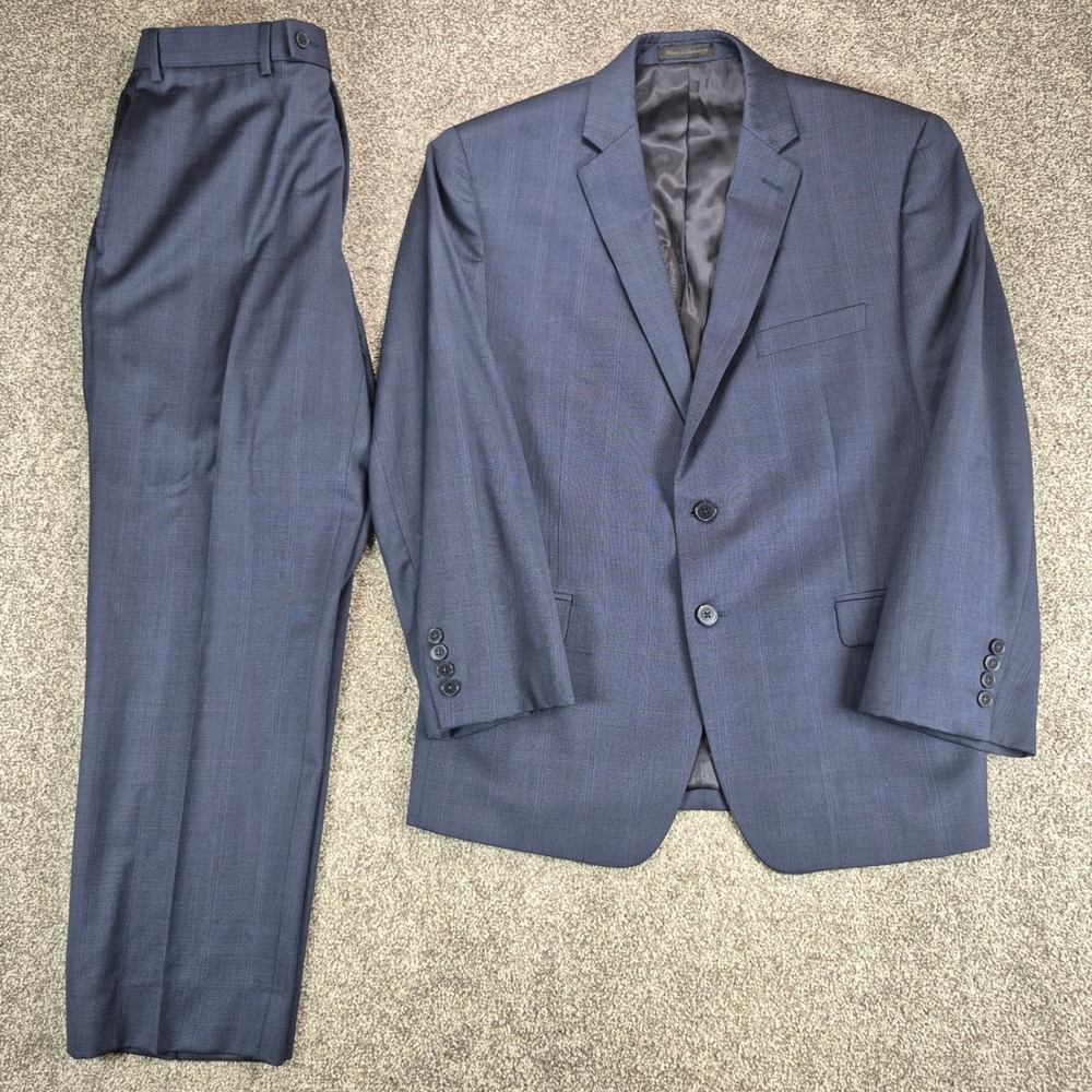 Calvin Klein Suit Mens 42S Blue Plaid 100% Wool 2-Piece Set